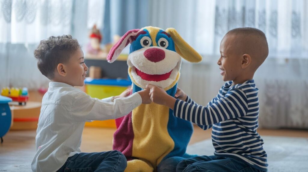 Kinder spielen mit einem Kuscheltier